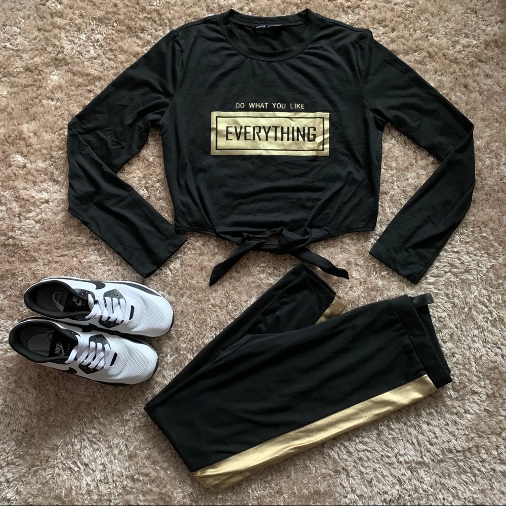 Black and Gold Tied Hem Crop Top & Leggings Set